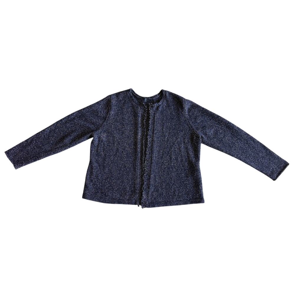 Eileen Fisher XL Navy Wool Blend Open Front Fringe Cardigan Sweater Italian Yarn